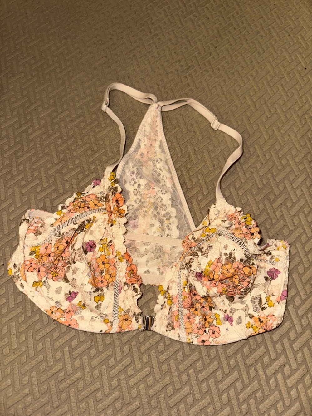 Victoria's Secret White Floral Lace Bralette with Pink, Yellow & Purple Accents